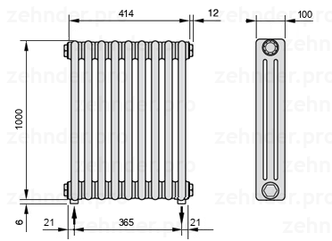 Схема (чертеж) Радиатор Zehnder Charleston 3100/9 №3570 Белый глянцевый RAL 9016